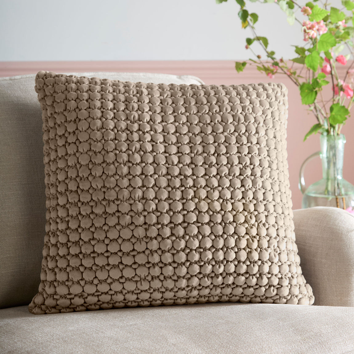 Appletree Bobble Quilted Velvet Touch 55cm x 55cm Filled Cushion Natural
