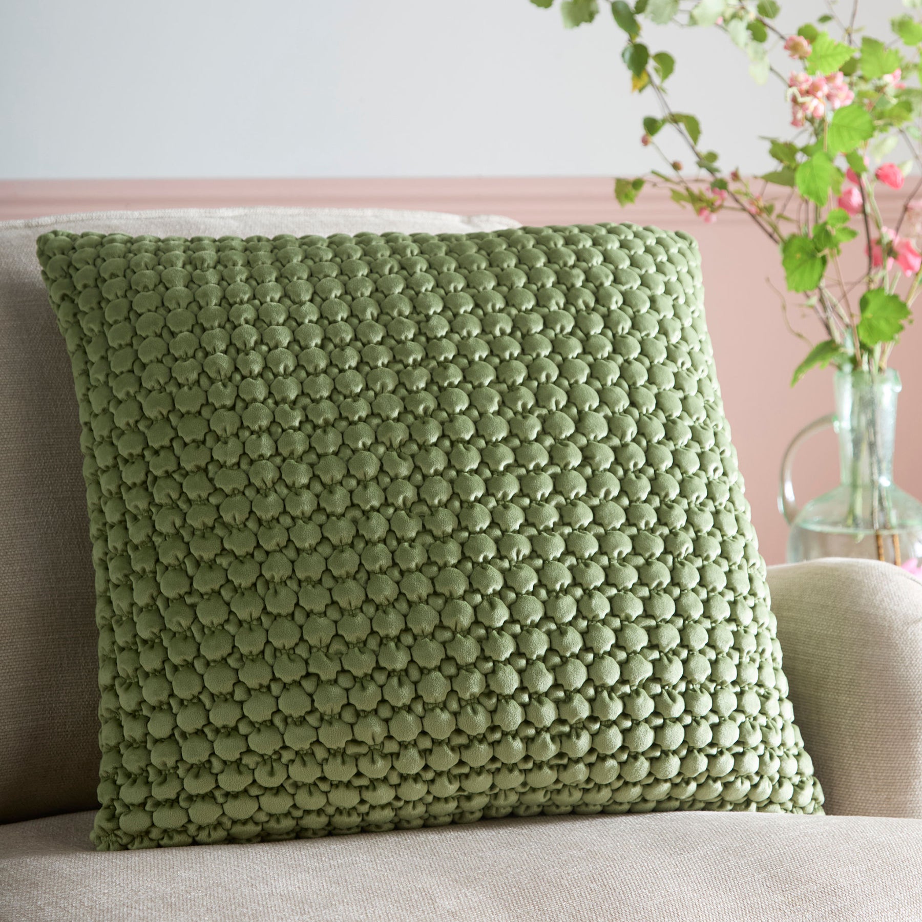 Appletree Bobble Quilted Velvet Touch 55cm x 55cm Filled Cushion Olive