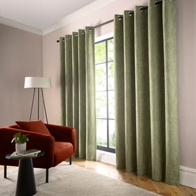 Curtina Boucle Chenille Woven Ready Made Eyelet Blackout Curtains Green