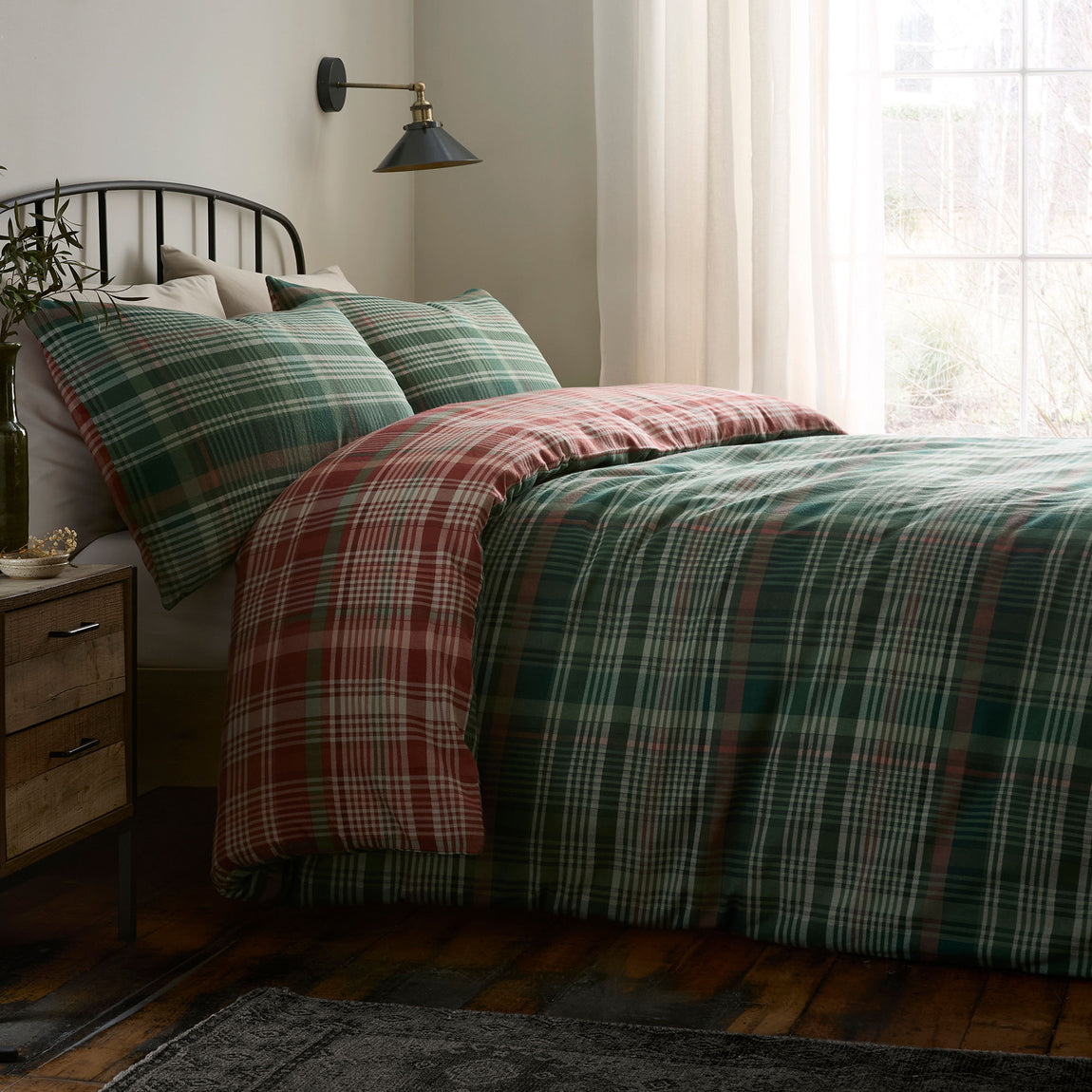 Dreams & Drapes Bennet Check Brushed Cotton Duvet Cover Bedding Set Green