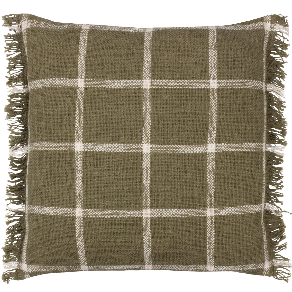 Yard Beni Check Fringed Filled Cushion 45cm x 45cm Moss Natural