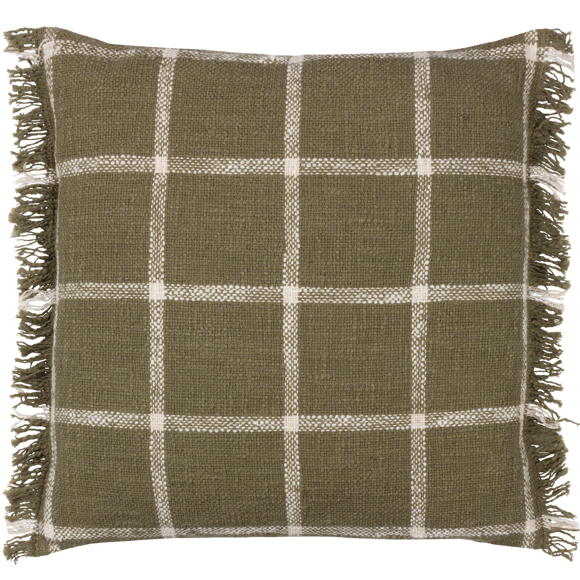 Yard Beni Check Fringed Filled Cushion 45cm x 45cm Moss Natural
