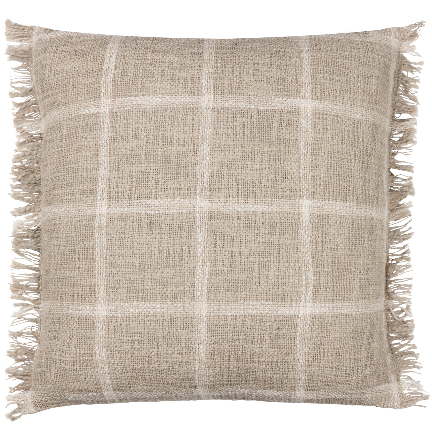 Yard Beni Check Fringed Filled Cushion 45cm x 45cm Stone Natural