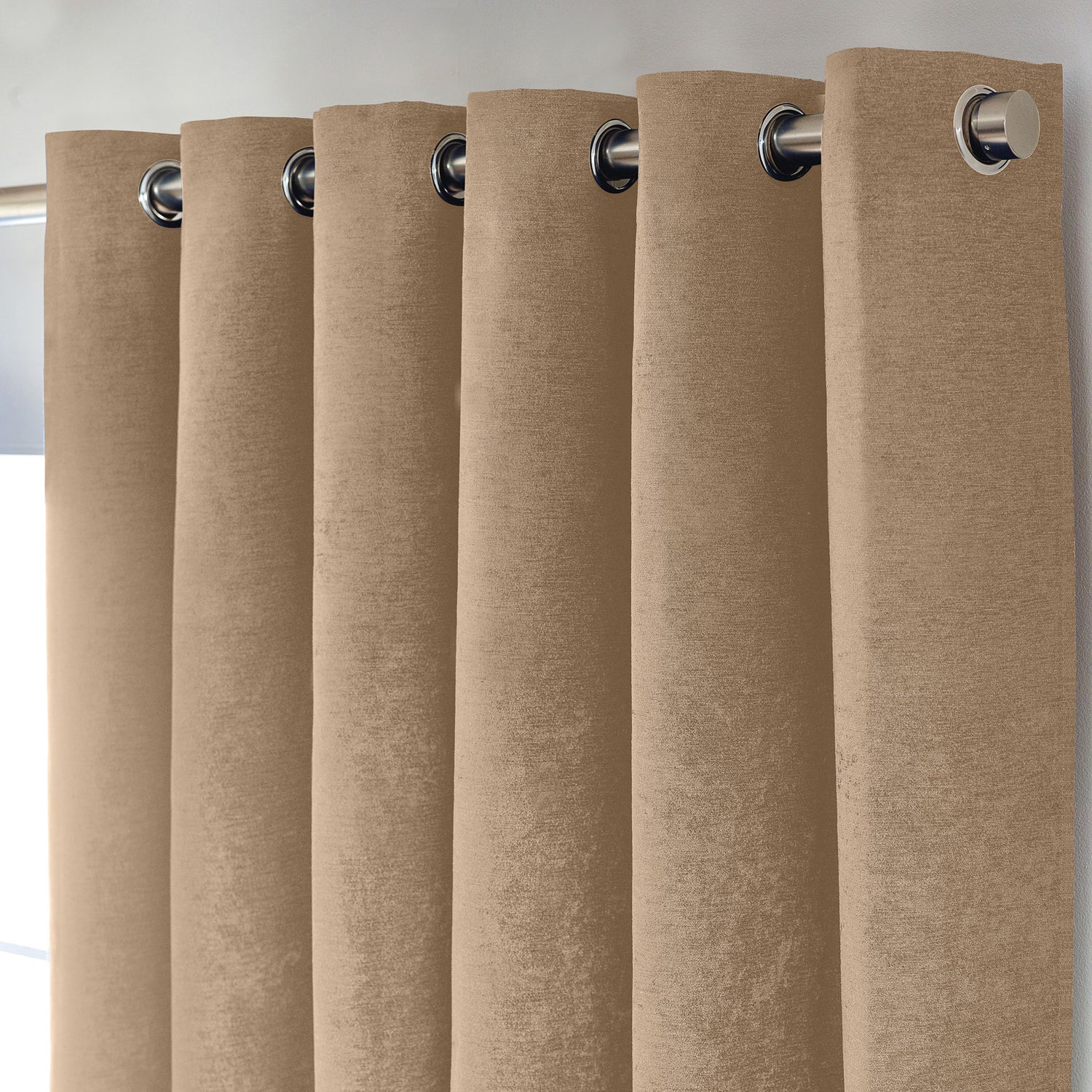 Chenille Triple Woven Ready Made Eyelet Blackout Curtains Beige