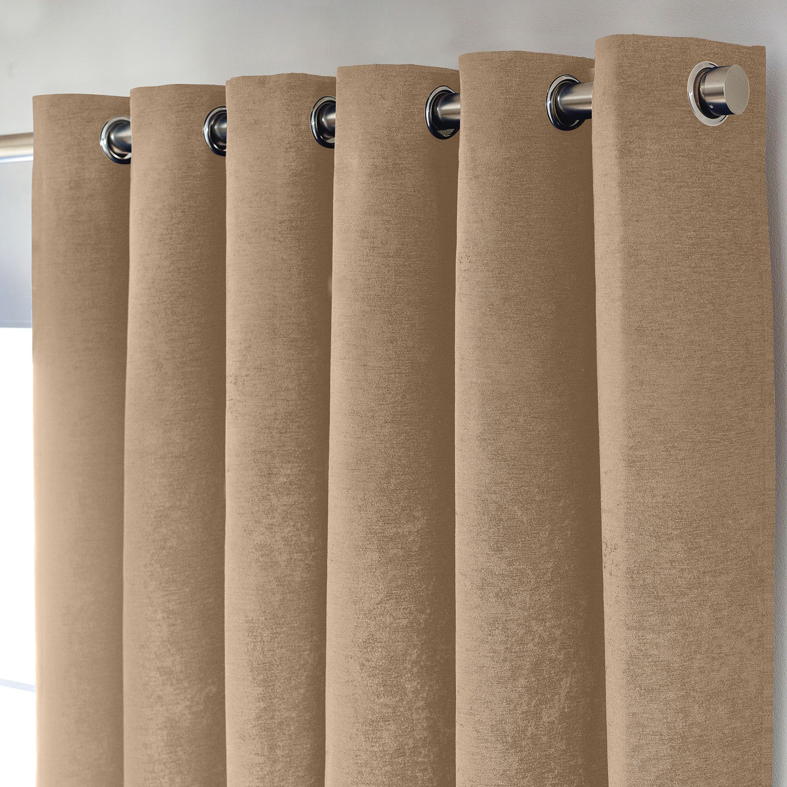 Chenille Triple Woven Ready Made Eyelet Blackout Curtains Beige