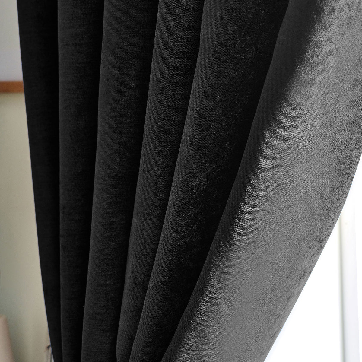 Chenille Triple Woven Ready Made Blackout Pencil Pleat Curtains Black