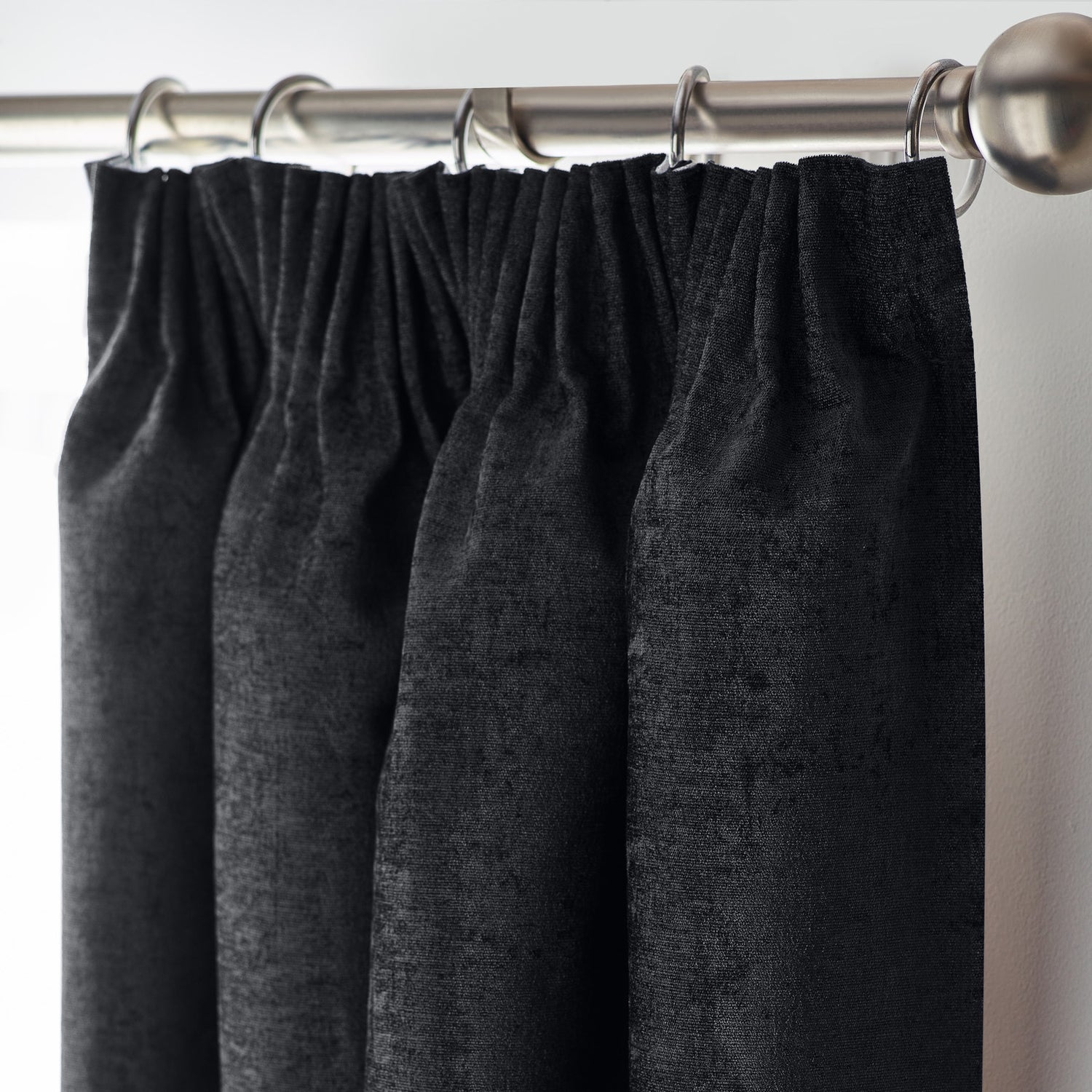 Chenille Triple Woven Ready Made Blackout Pencil Pleat Curtains Black