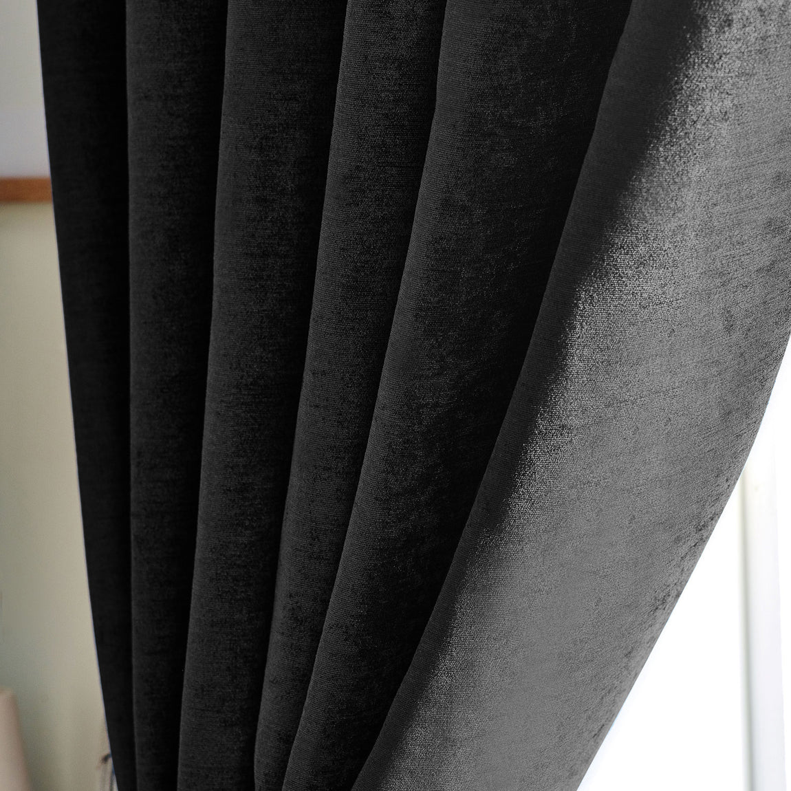 Chenille Triple Woven Ready Made Blackout Pencil Pleat Curtains Black