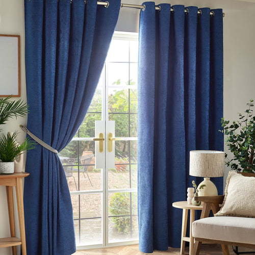 Chenille Triple Woven Ready Made Eyelet Blackout Curtains Blue