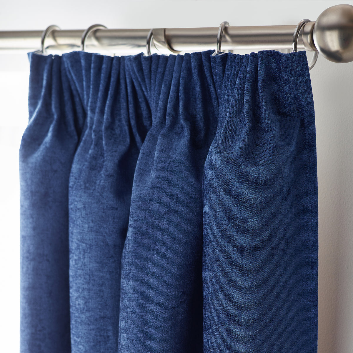 Chenille Triple Woven Ready Made Blackout Pencil Pleat Curtains Blue