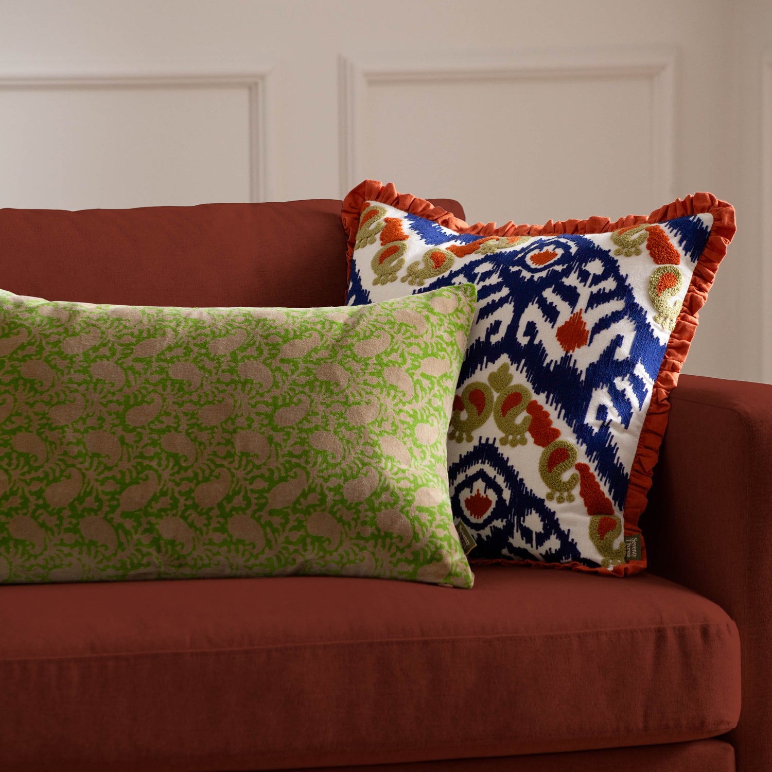 Paoletti Seventy Three Boteh Printed Velvet 40cm x 60cm Filled Boudoir Verdie Natural