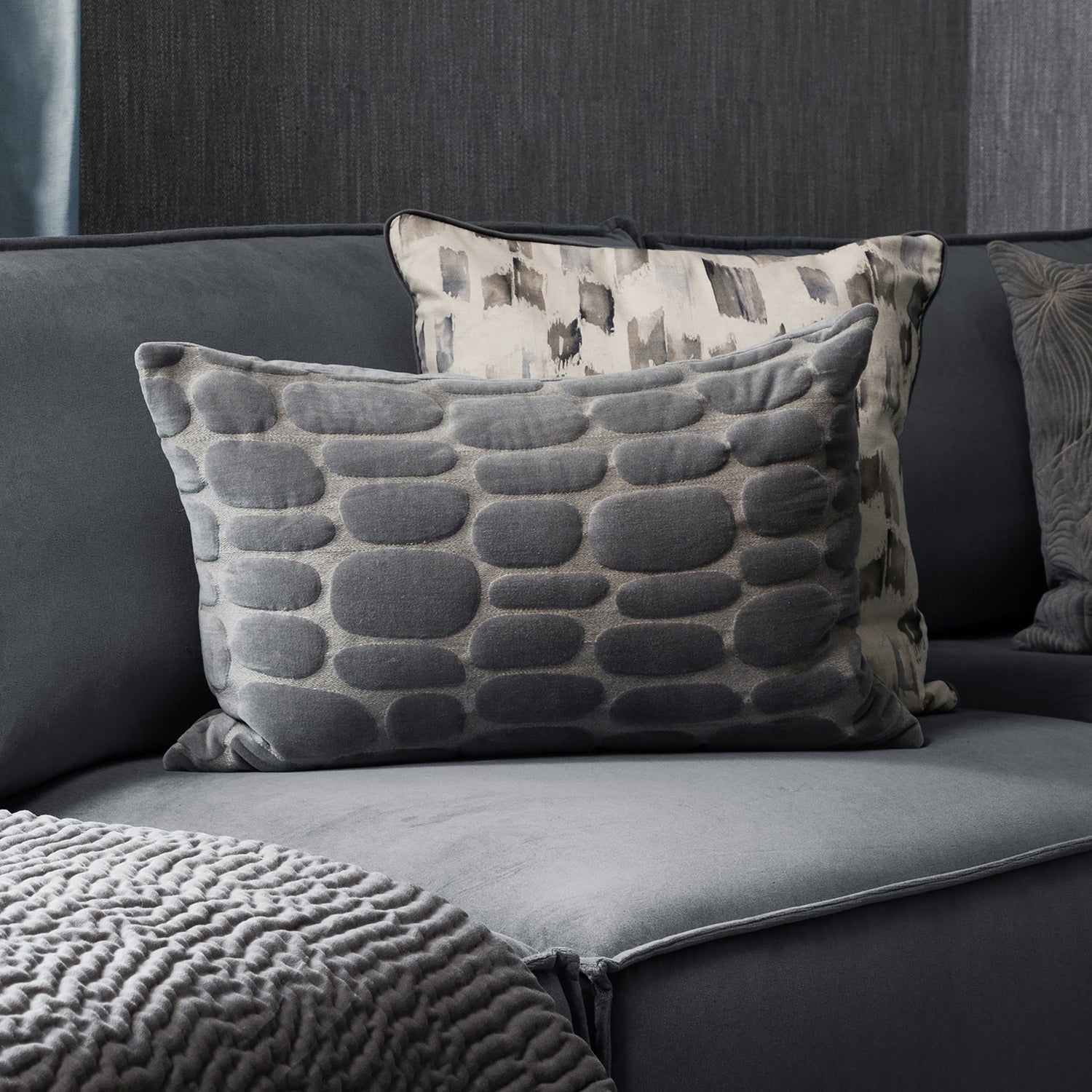 Voyage Maison Boulder Embroidered Velvet 40cm x 60cm Feather Filled Boudoir Steel