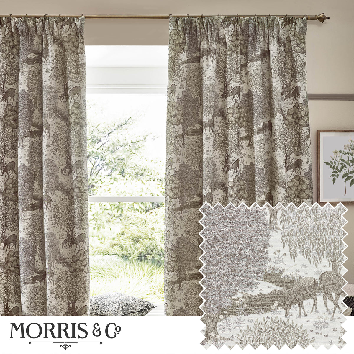 Morris & Co. Brook Woodland Jacquard Ready Made Pencil Pleat Curtains Linen