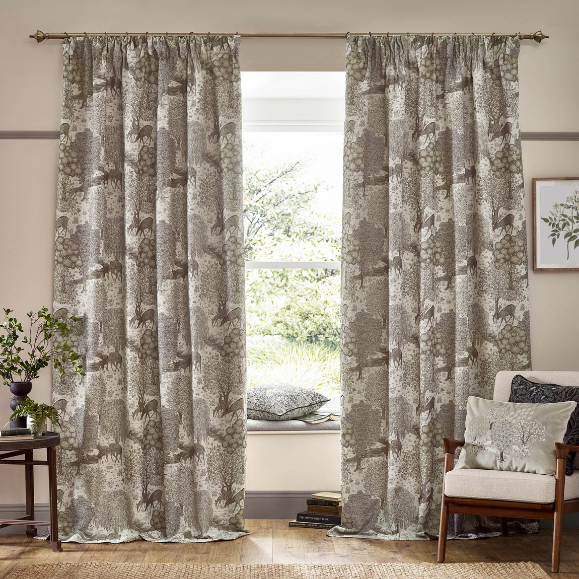 Morris & Co. Brook Woodland Jacquard Ready Made Pencil Pleat Curtains Linen