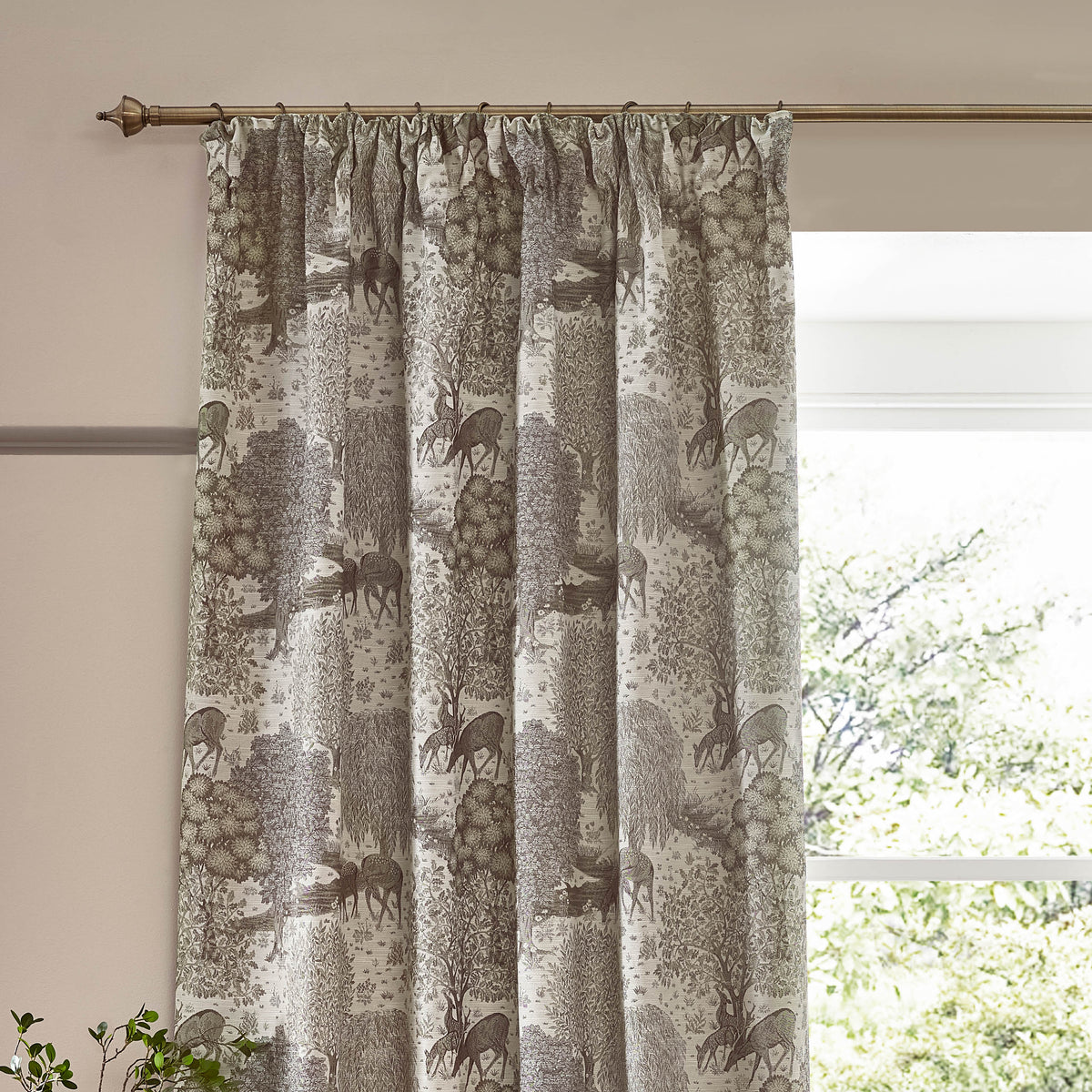 Morris & Co. Brook Woodland Jacquard Ready Made Pencil Pleat Curtains Linen