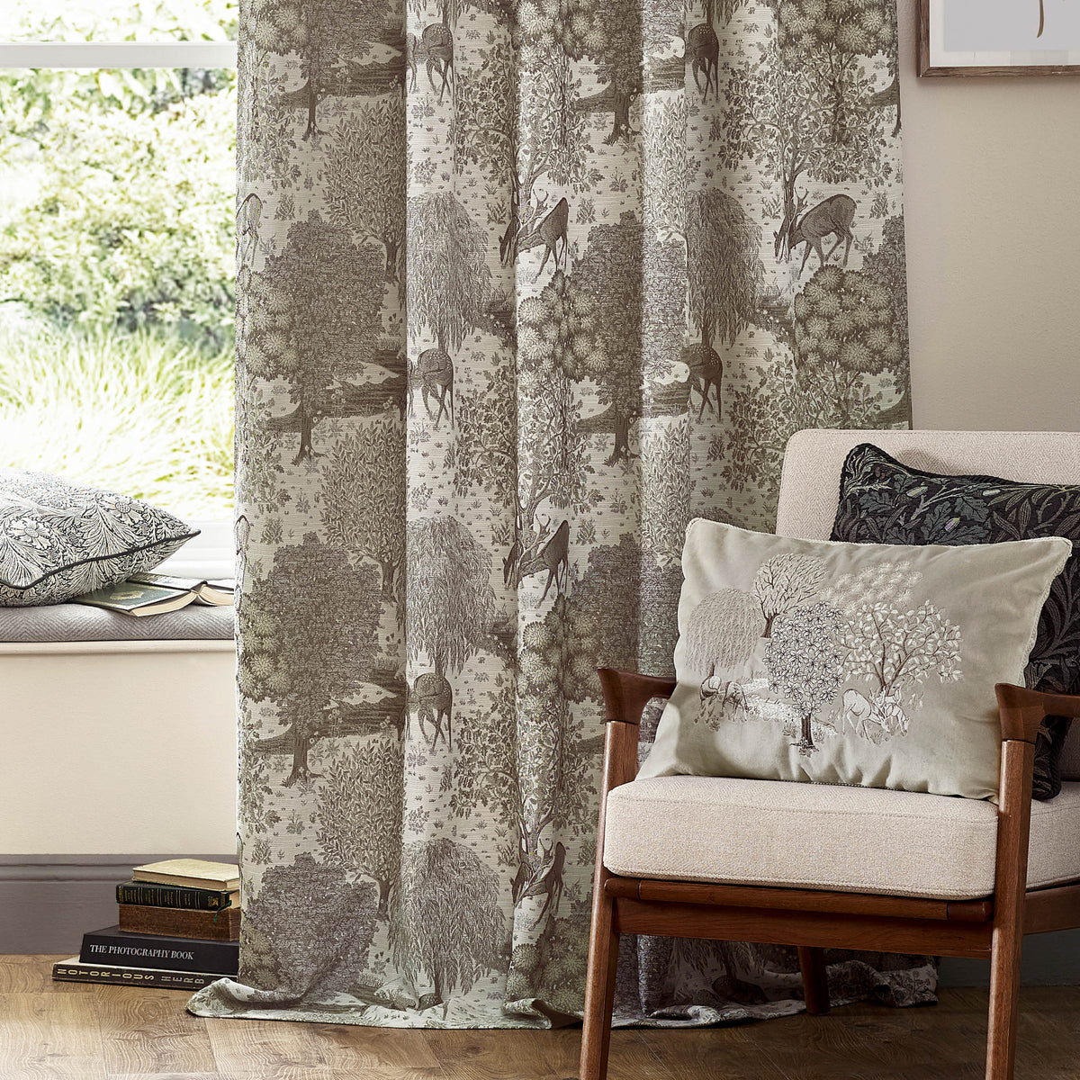 Morris & Co. Brook Woodland Jacquard Ready Made Pencil Pleat Curtains Linen
