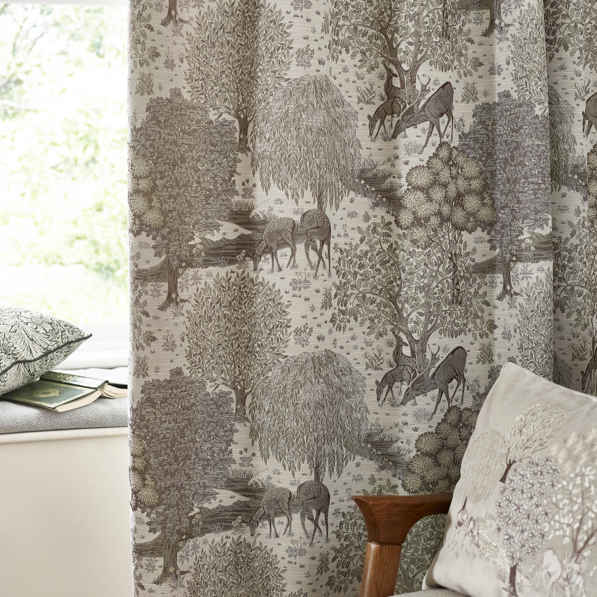 Morris & Co. Brook Woodland Jacquard Ready Made Pencil Pleat Curtains Linen