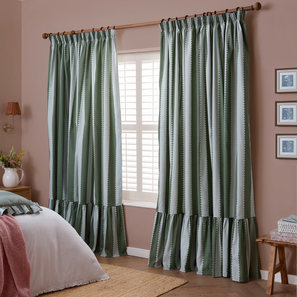 Wylder Birdie Stripe Ruffle Ready Made Pencil Pleat Curtains Baygreen Mist