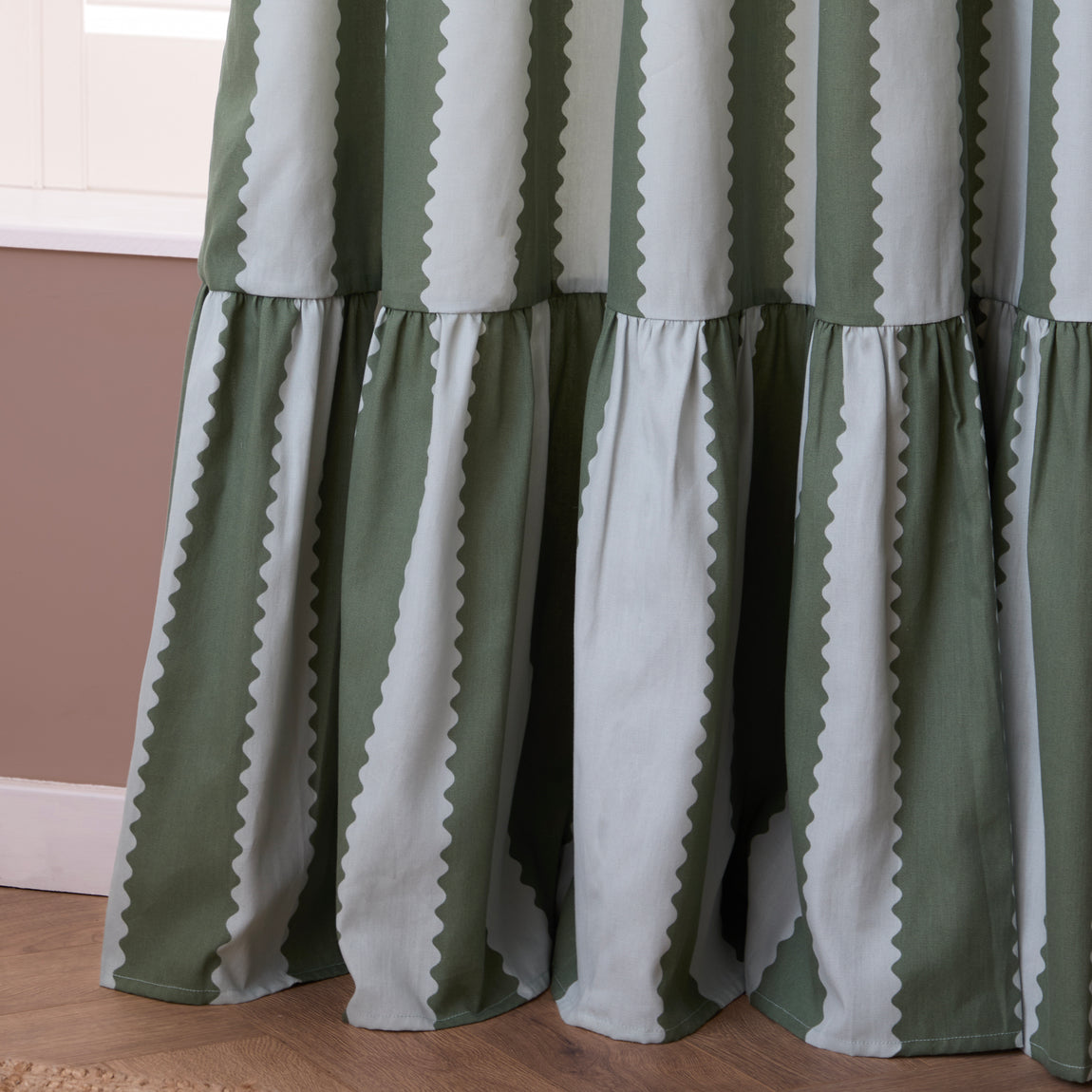 Wylder Birdie Stripe Ruffle Ready Made Pencil Pleat Curtains Baygreen Mist
