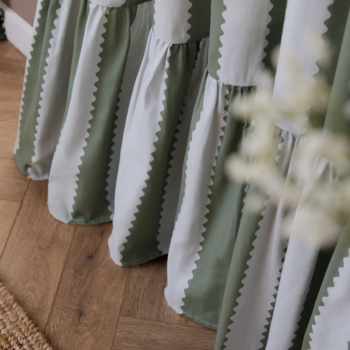 Wylder Birdie Stripe Ruffle Ready Made Pencil Pleat Curtains Baygreen Mist