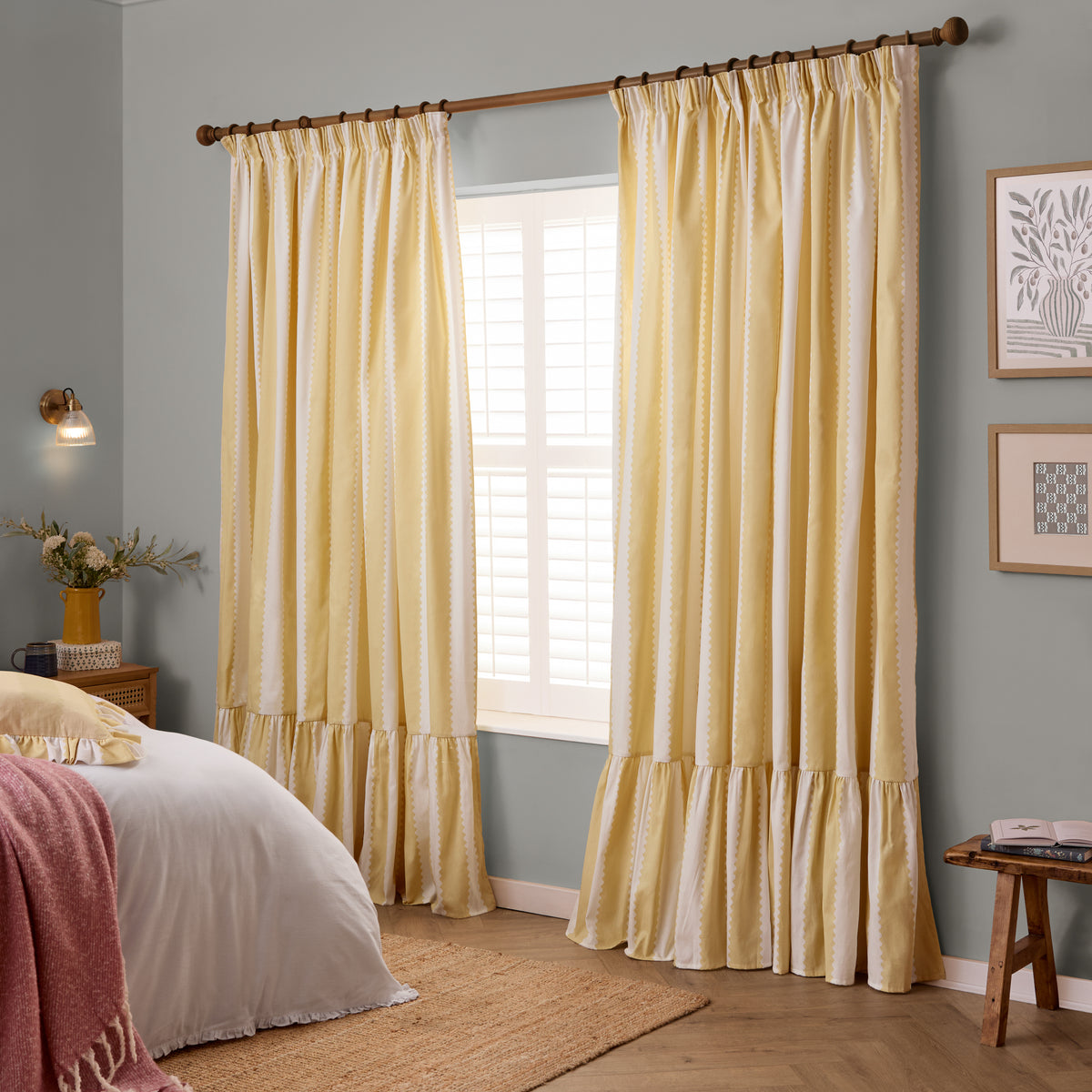 Wylder Birdie Stripe Ruffle Ready Made Pencil Pleat Curtains Butter Yellow