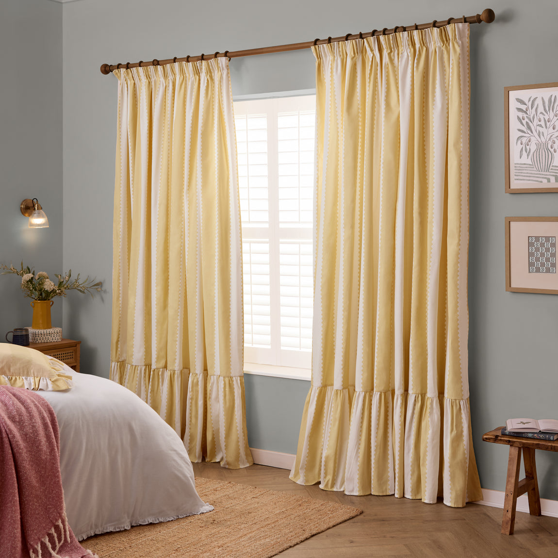 Wylder Birdie Stripe Ruffle Ready Made Pencil Pleat Curtains Butter Yellow