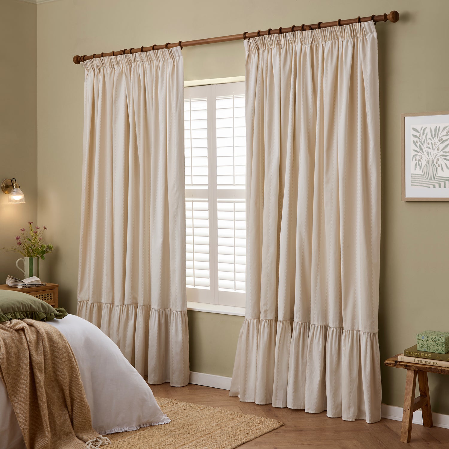 Wylder Birdie Stripe Ruffle Ready Made Pencil Pleat Curtains Oat Milk