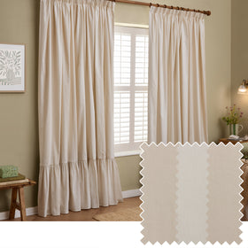 Wylder Birdie Stripe Ruffle Ready Made Pencil Pleat Curtains Oat Milk