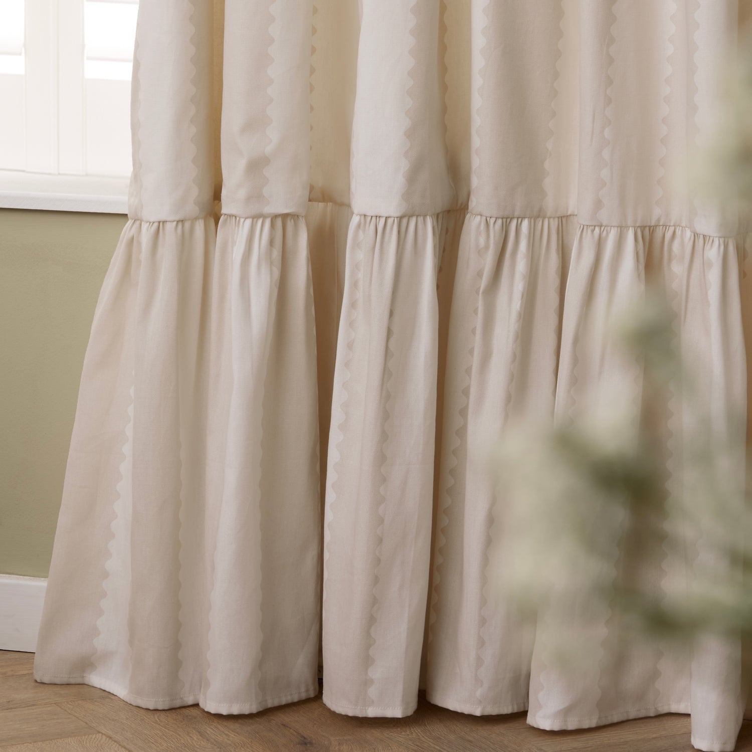 Wylder Birdie Stripe Ruffle Ready Made Pencil Pleat Curtains Oat Milk