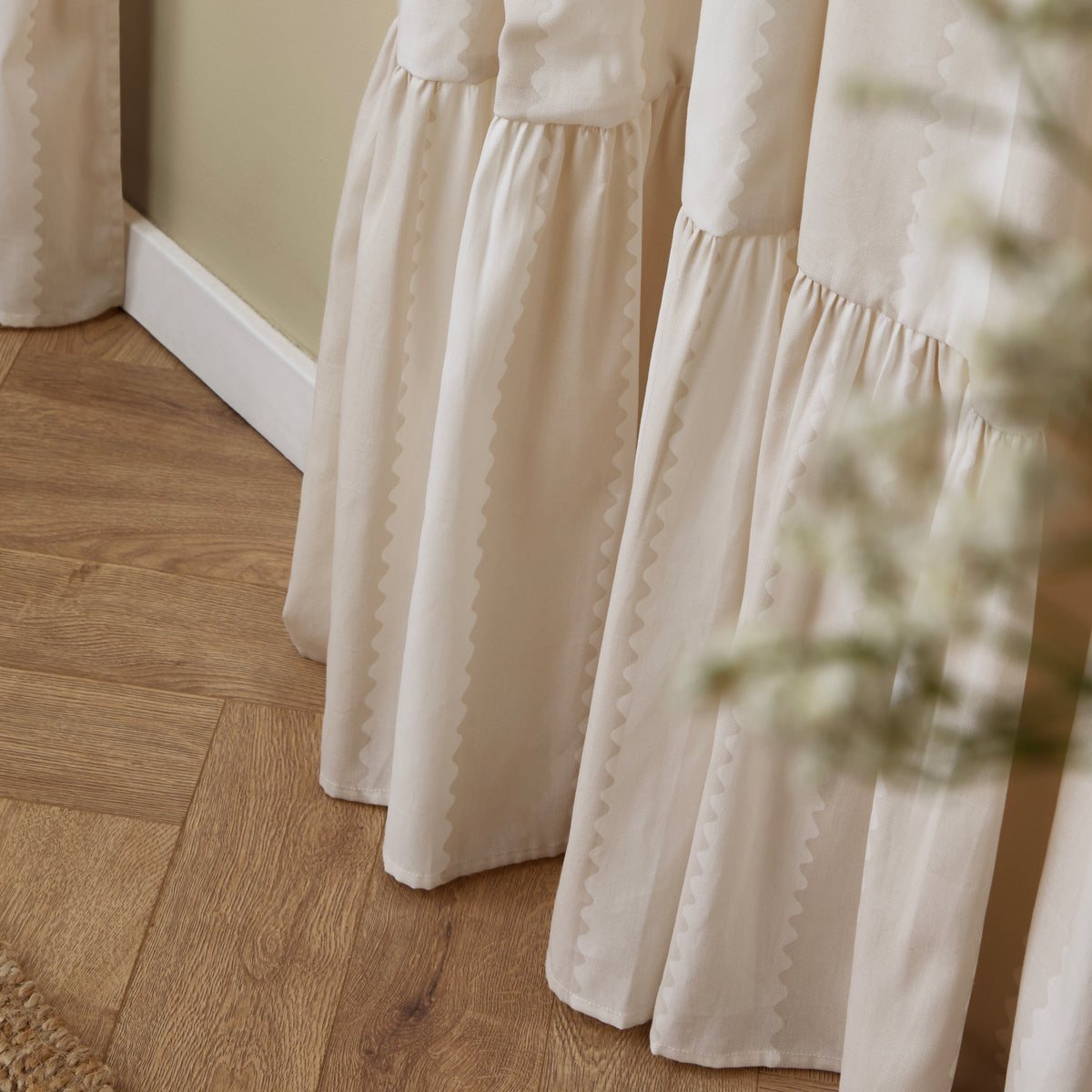 Wylder Birdie Stripe Ruffle Ready Made Pencil Pleat Curtains Oat Milk