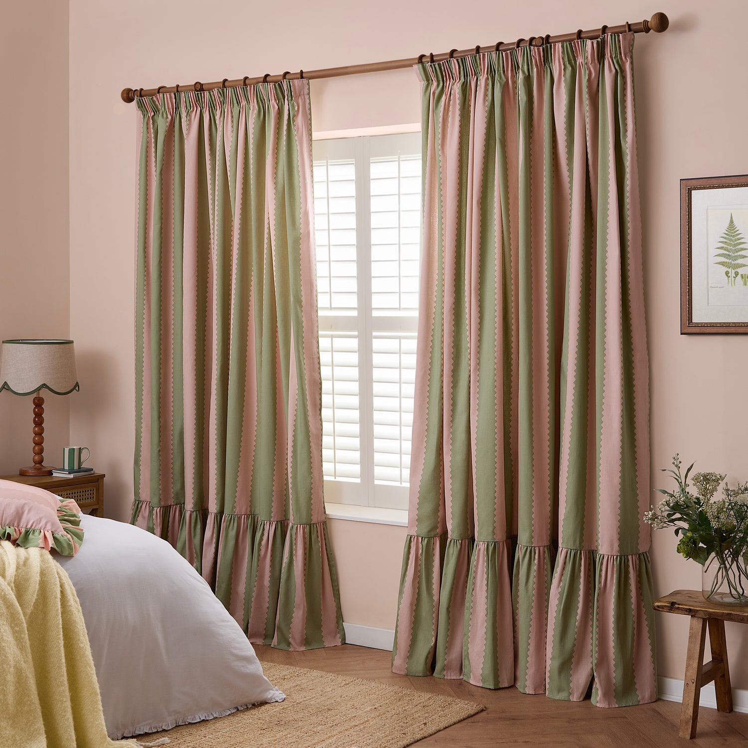 Wylder Birdie Stripe Ruffle Ready Made Pencil Pleat Curtains Pink Green