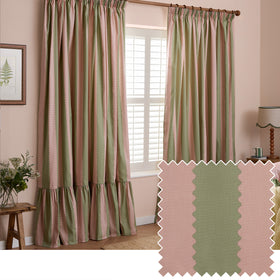Wylder Birdie Stripe Ruffle Ready Made Pencil Pleat Curtains Pink Green