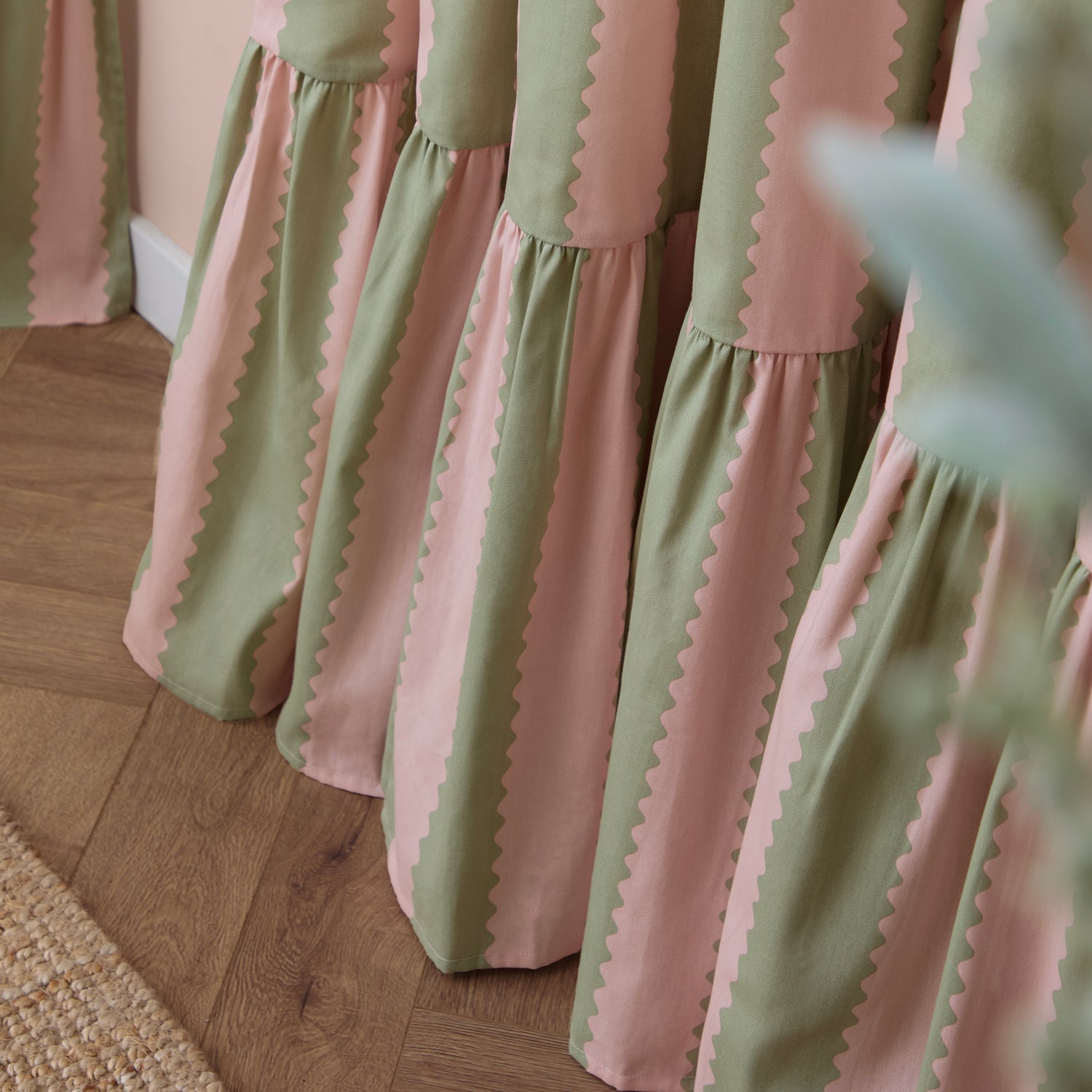 Wylder Birdie Stripe Ruffle Ready Made Pencil Pleat Curtains Pink Green