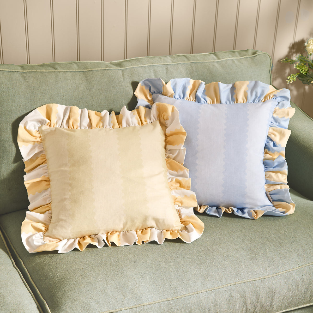 Wylder Birdie Stripe Ruffle 45cm x 45cm Filled Cushion Lemon Sky