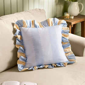 Wylder Birdie Stripe Ruffle 45cm x 45cm Filled Cushion Lemon Sky