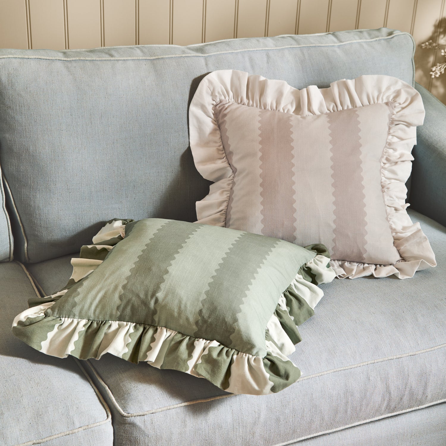 Wylder Birdie Stripe Ruffle 45cm x 45cm Filled Cushion Oat Milk
