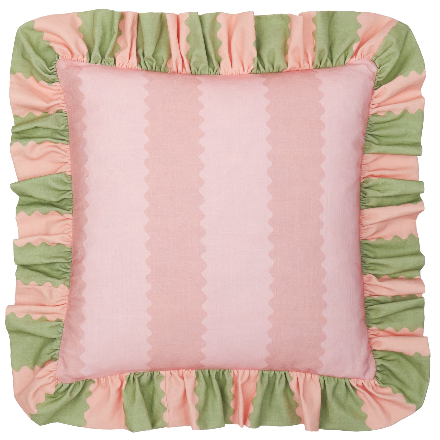 Wylder Birdie Stripe Ruffle 45cm x 45cm Filled Cushion Pink Green