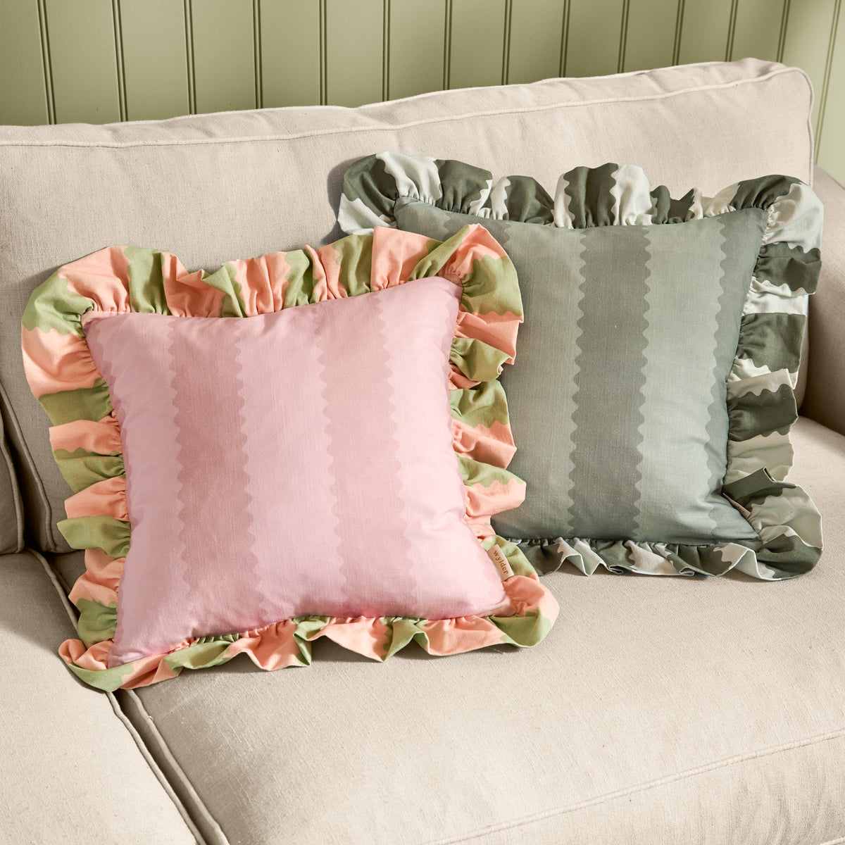 Wylder Birdie Stripe Ruffle 45cm x 45cm Filled Cushion Pink Green