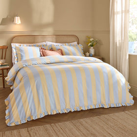 Birdie Stripe Ruffle Duvet Cover Bedding Set Lemon Sky