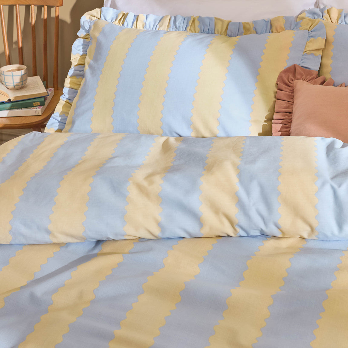 Birdie Stripe Ruffle Duvet Cover Bedding Set Lemon Sky