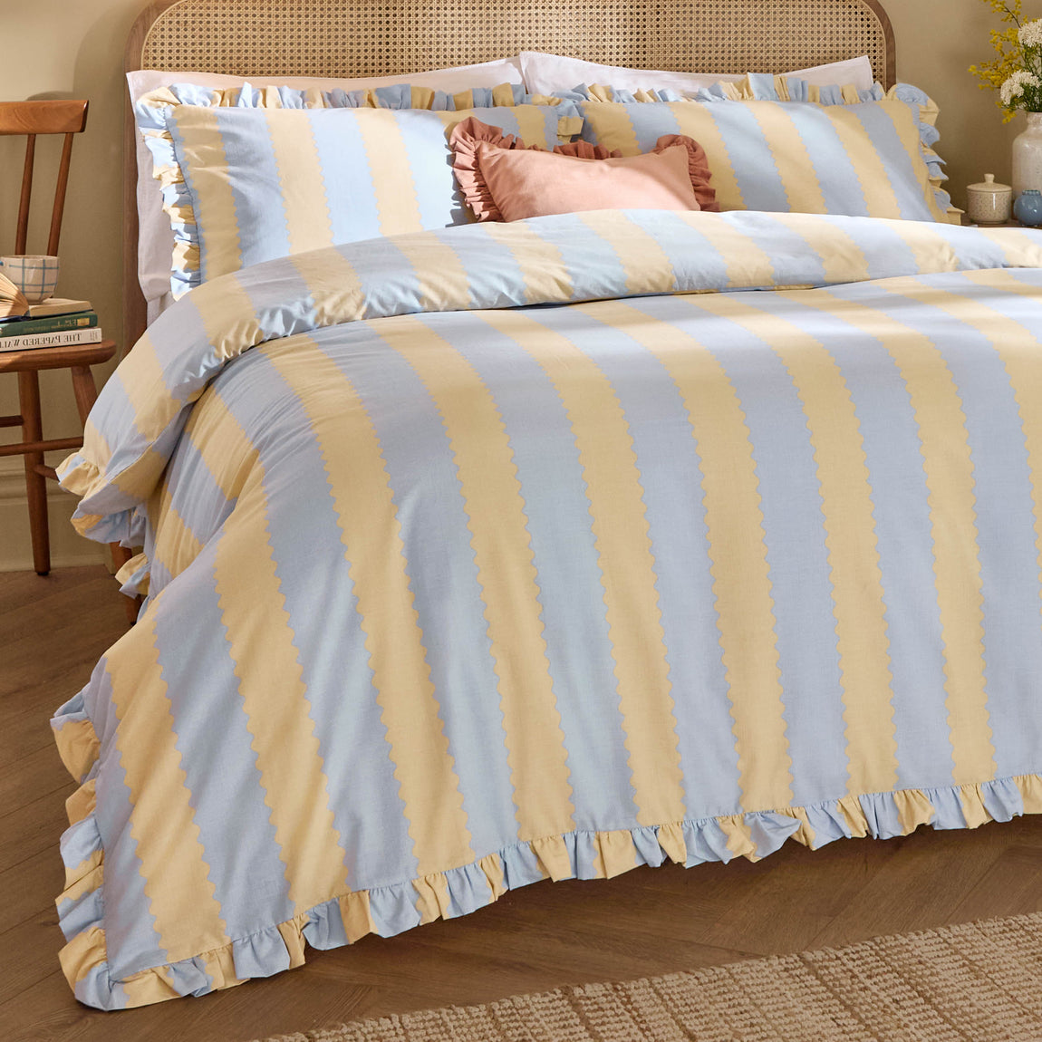 Birdie Stripe Ruffle Duvet Cover Bedding Set Lemon Sky