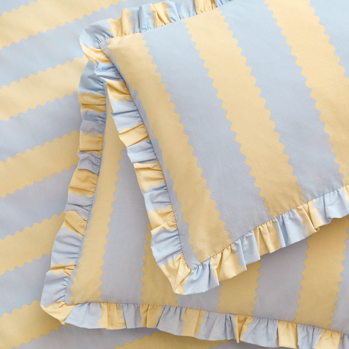 Birdie Stripe Ruffle Duvet Cover Bedding Set Lemon Sky