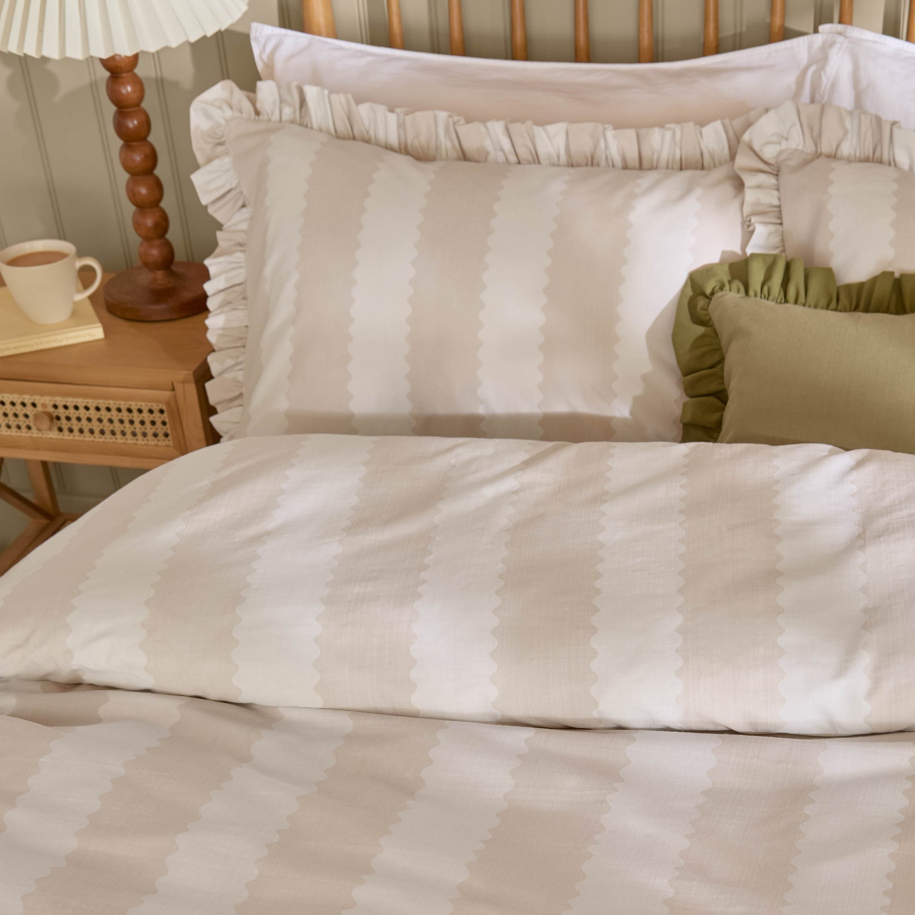 Birdie Stripe Ruffle Duvet Cover Bedding Set Natural