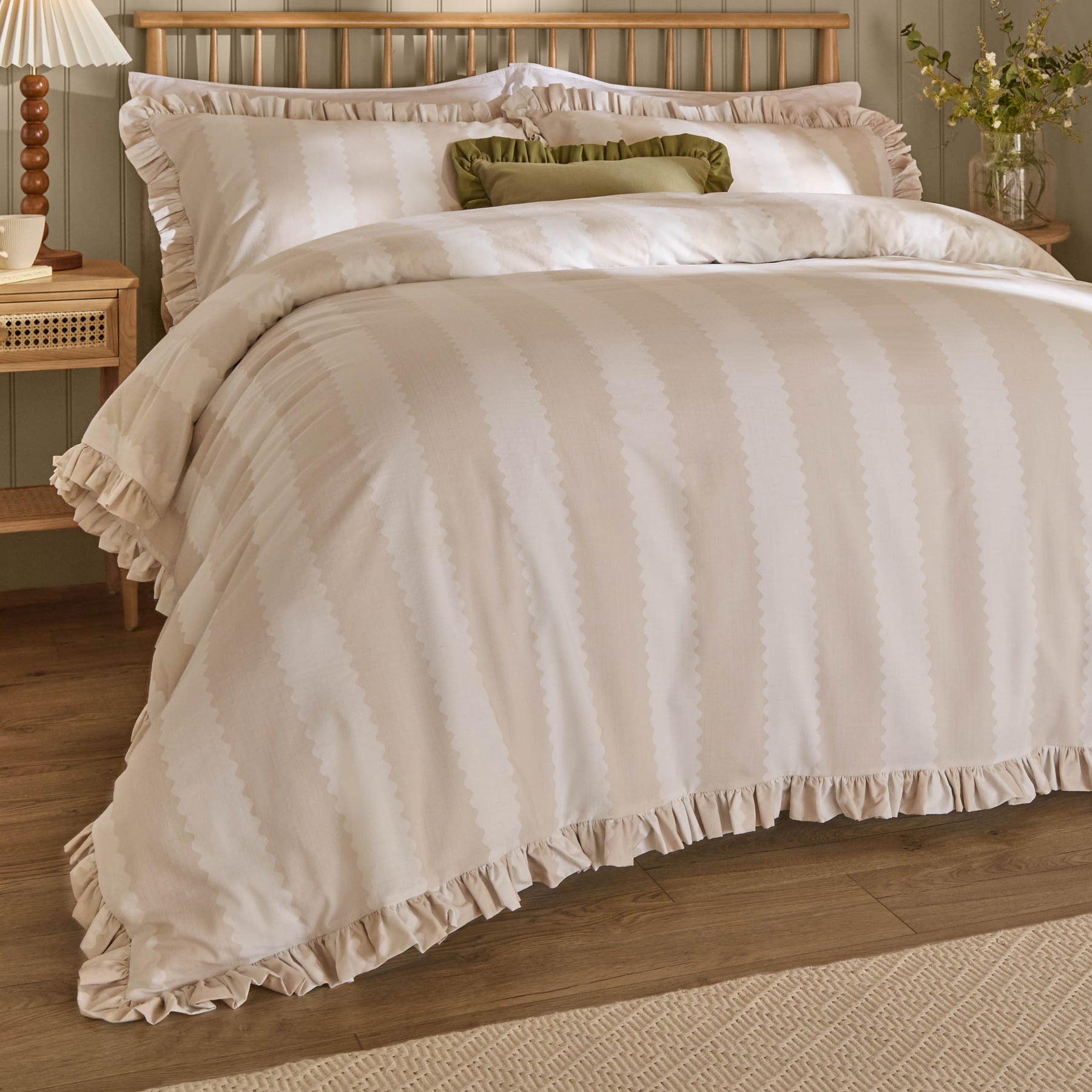 Birdie Stripe Ruffle Duvet Cover Bedding Set Natural