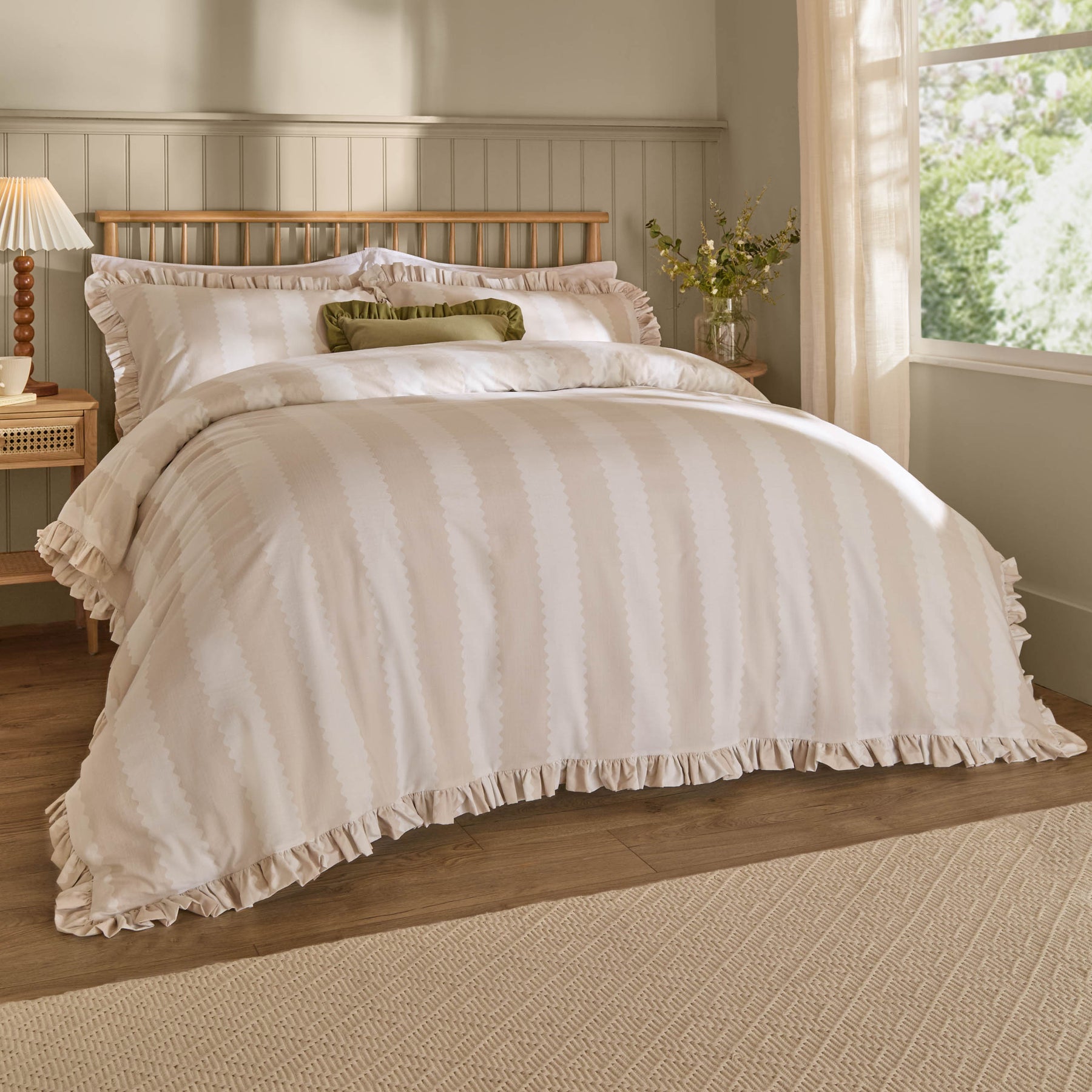 Birdie Stripe Ruffle Duvet Cover Bedding Set Natural