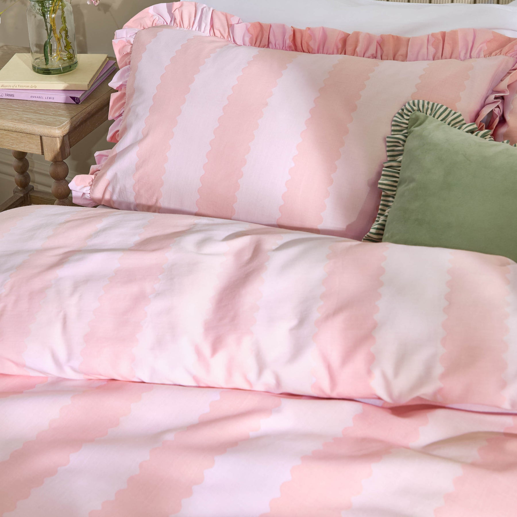 Birdie Stripe Ruffle Duvet Cover Bedding Set Pink Raspberry