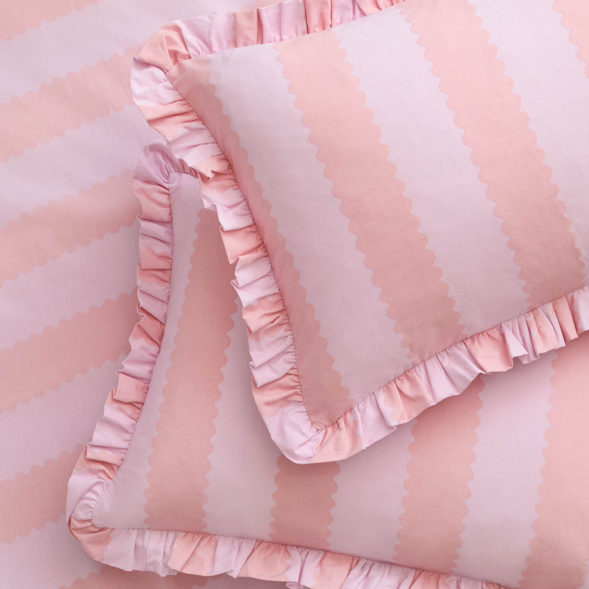 Birdie Stripe Ruffle Pair of Oxford Pillowcases Pink Raspberry
