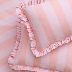Birdie Stripe Ruffle Pair of Oxford Pillowcases Pink Raspberry
