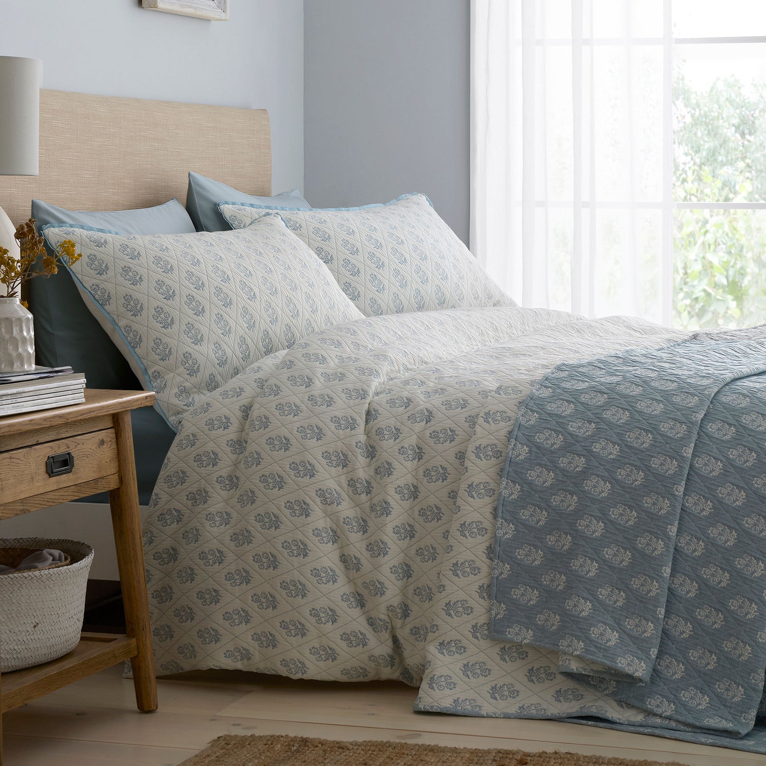 Dreams & Drapes Block Floral Jacquard Quilted 235cm x 235cm Bedspread Blue