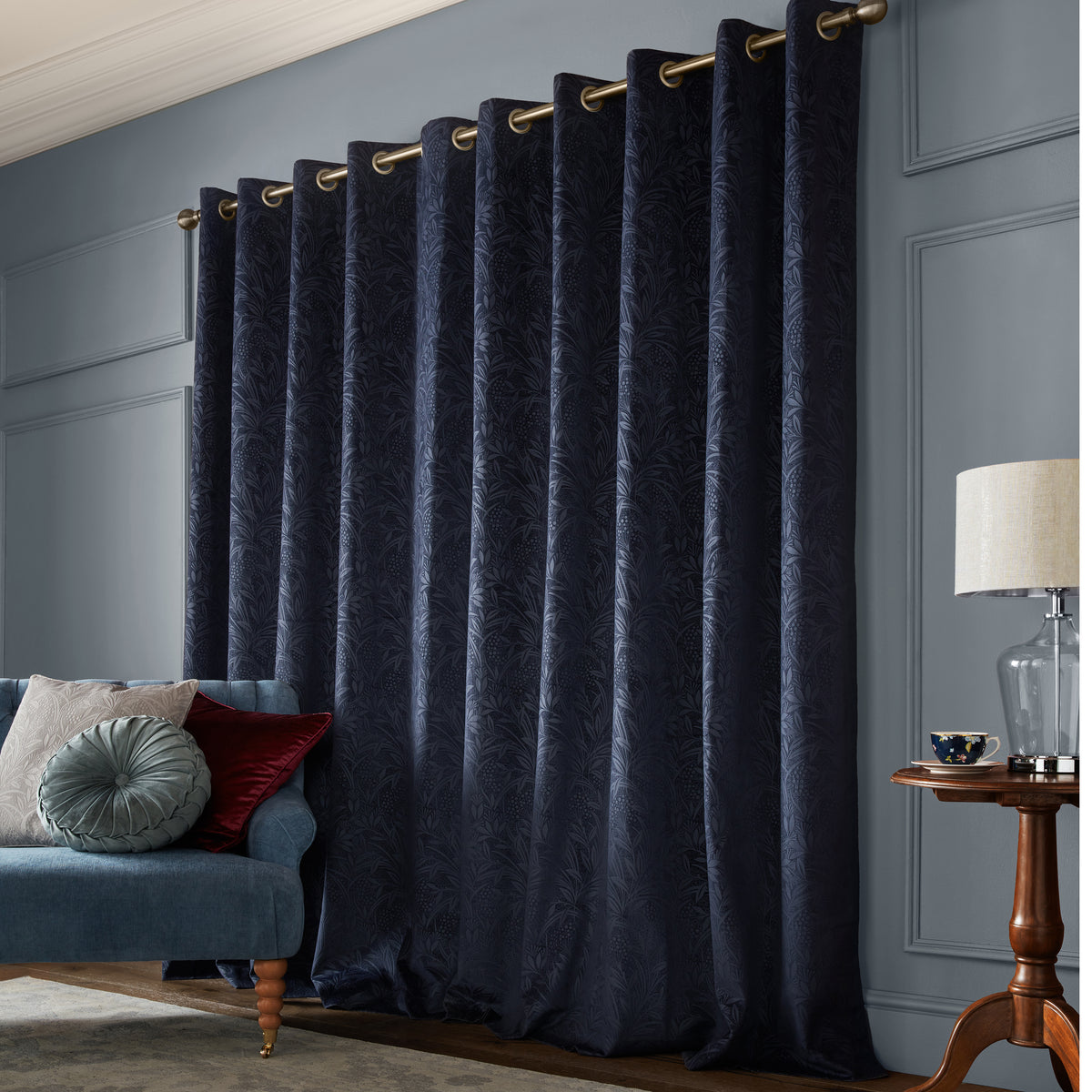 Laura Ashley Barley Embossed Ready Made Eyelet Curtains Midnight